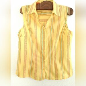 Basic Editions Sleeveless Summer Shirt Bright Yellow Striped Cottagecore Medium